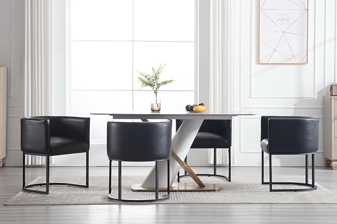 Faux Leather Dining Chairs Set of 2 Modern Barrel Arm Chairs with Black Metal Frame, Upholstered Kitchen Chairs 18.5" Wide Accent Chair for Living Room Dining Room Restaurant, Black