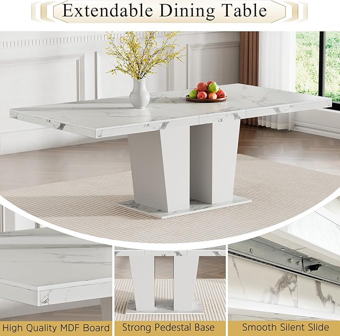 Goujxcy 9-Piece Extendable Dining Table Set for 6-8 People 63-78 Inch Kitchen Table Set with 8 Grey Upholstered Chairs Modern White Faux Marble Rectangular Dining Room Table Set for Kitchen Apartment