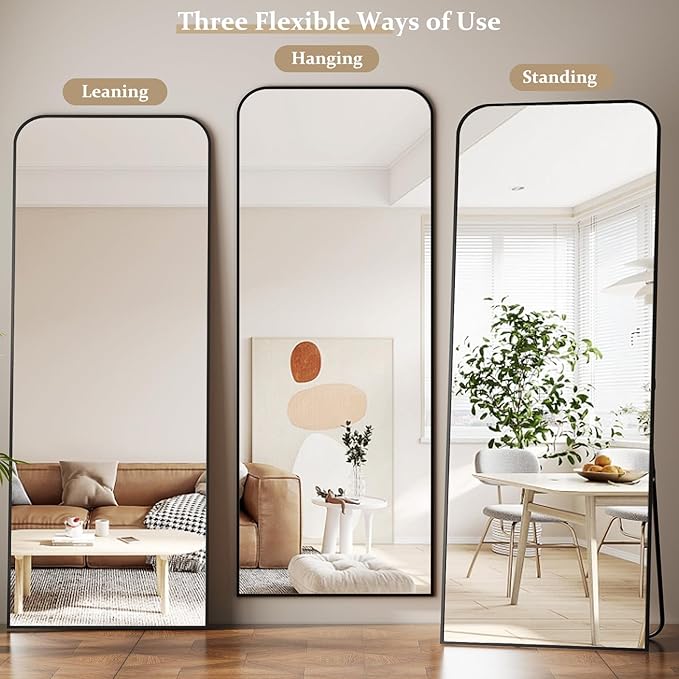 Full Length Mirror 71"x26" Arched Floor Standing Large Mirrors Full Body Mirror with Stand - with Aluminum Frame for Bedroom Living Room, Black