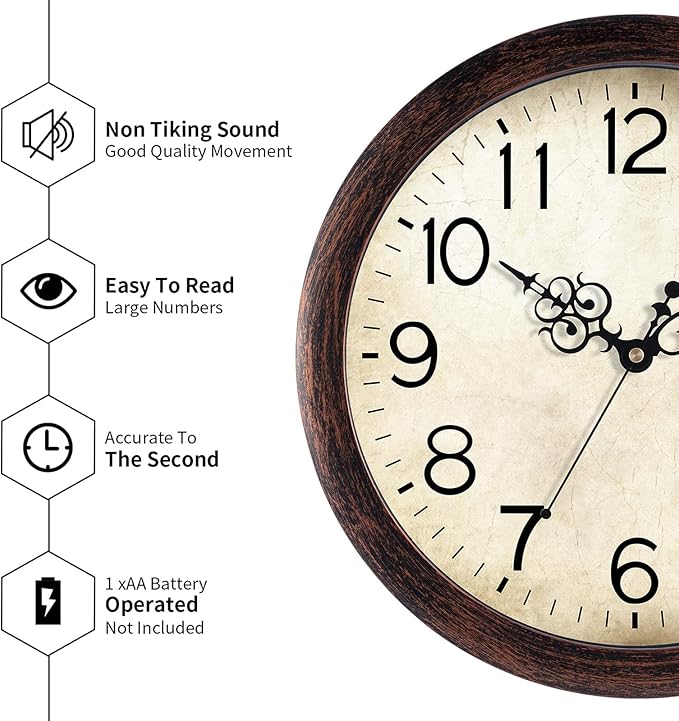 Wall Clock 10 Inch Vintage Wall Clocks Battery Operated Quartz Silent Non-Ticking Retro Rustic Style Clock Decorative for Kitchen,Bathroom, Living Room, Home Office (Bronze)