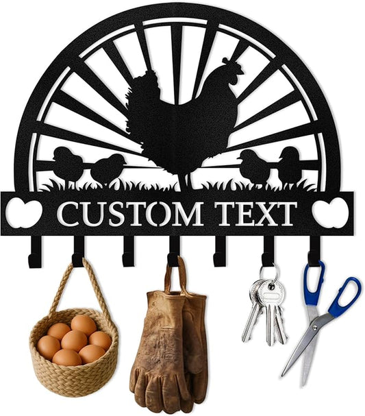 Personalised Metal Key Holder for Wall, Roosters Hens Key Holder Wall Mount, Chicken Wall Art Decor, Key Organizer Hanger for Kitchen Farmhouse Hallway Office, Housewarming Gifts