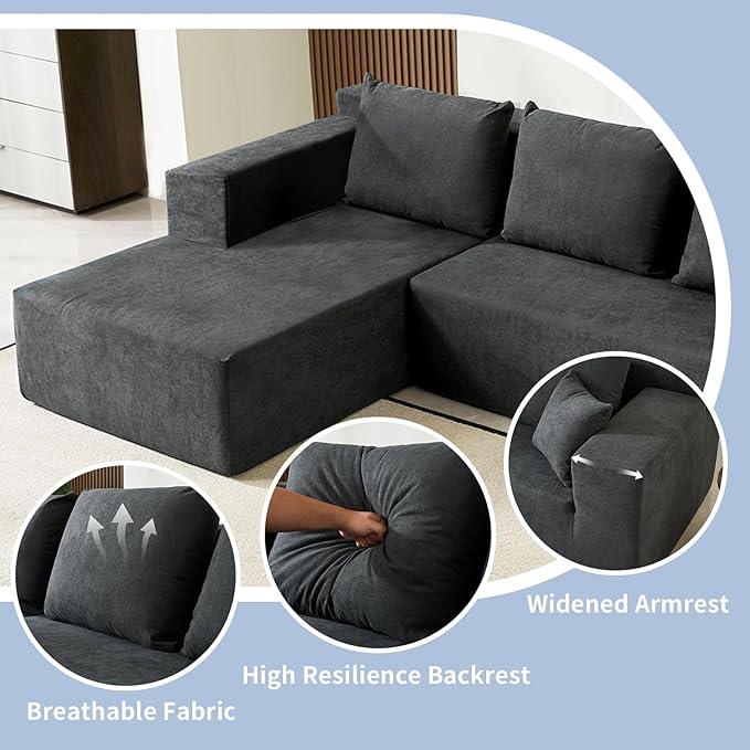 ANONER 103” Modular Sectional Sofa - L Shaped Upholstered Cloud Couch, Free Combination Deep Seat Corner Sofa, Sectional Couches for Living Room, Modern Minimalist Couch, Dark Grey