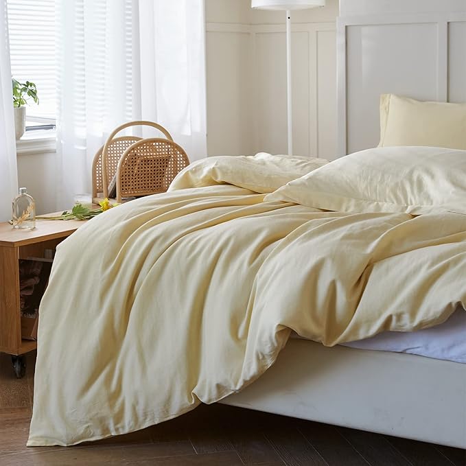 Simple&Opulence French Linen Duvet Cover Set - Queen Size(88" x 92")- 3 Pieces (1 Comforter Cover,2 Pillowcases)- Natural Flax Cotton Blend-Solid Color Breathable Farmhouse Bedding-Pale Yellow