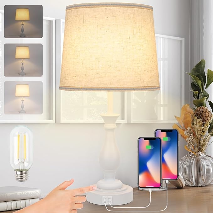 Farmhouse Table Lamp Touch Control 3-Way Dimmable Table Lamp, Modern Nightstand Lamp with 2 USB Port Bedside Desk Lamp with Fabric Shade for Living Room Bedroom Hotel (Pack 1-Off White)