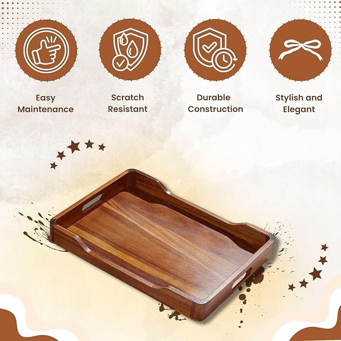 Acacia Wood Serving Tray with Handles, 18x13in Food Drinks Tray for Coffee Table, Breakfast, Dinner & Bar, Rustic Decorative Storage Tray for Ottoman, Kitchen, House Warming Gifts New Home