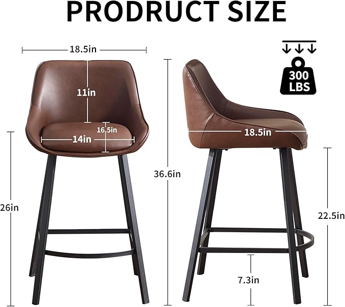 26" Modern Bar Stools Set of 2, Faux Leather Upholstered Bar Stools, Counter Height Bar Chairs with Back for Kitchen, Dining Room, Cafe, Bar - Coffee