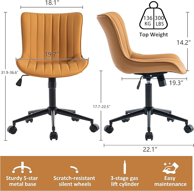 Kidol & Shellder Tan Leather Home Office Desk Chair with Wheels Modern Cute Armless Executive Swivel Vanity Chair with Comfy Padded Back Ergonomic Rolling Adjustable Computer Task Chair Small