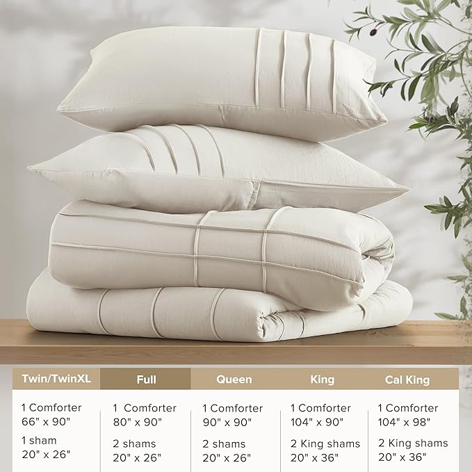 Comfort Spaces Neutral Full Size Comforter Set - 3 Pieces Pintuck Pleated Bedding Sets, All Season Lightweight, Extra Softness Pre-Washed Microfiber Full Bed Set, Shams, Full