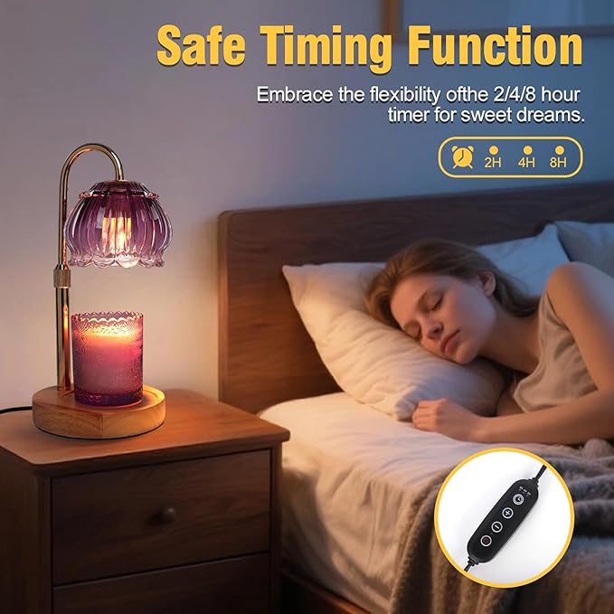 Candle Warmer Lamp with Timer,2 Bulbs, Wood Base and Adjustable Height Flower Candle Warmer Lamp for All Jar Candles, House Warming Decor Gifts, French Gold (Flowers)