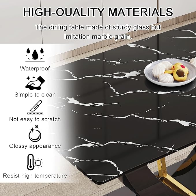 71" Dining Table Set for 6, Black Faux Marble Dining Room Table Set for 6, Large Rectangular Kitchen Table Set and PU Leather Chairs,Glossy Tempered Glass Dinner Table with Black Leg