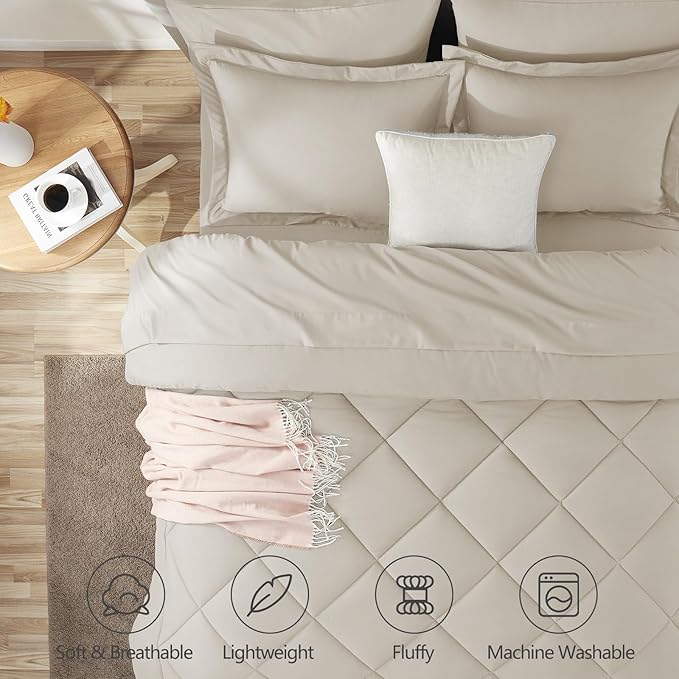 CozyLux Full Size Comforter Sets Beige - 7 Pieces Bed in a Bag Full, Luxury Soft Bed Set for All Seasons, Bedding Set with Down Alternative Comforter, Sheets, Pillowcases & Shams