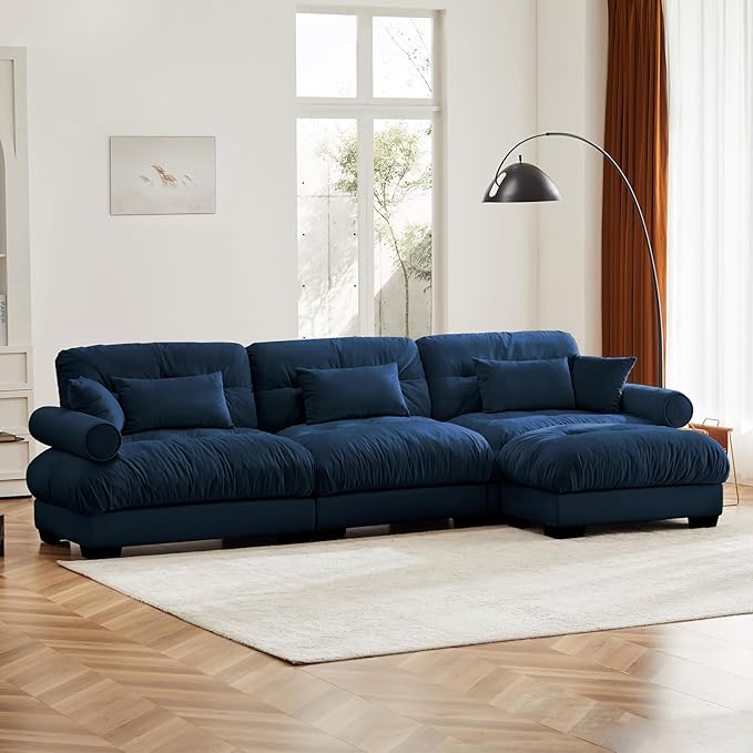 130" Oversized L Shaped Sectional Sofa, 3 Seater Modular Velvet Cloud Couch with Ottoman, Blue Large Fluffy Couch Set for Living Room
