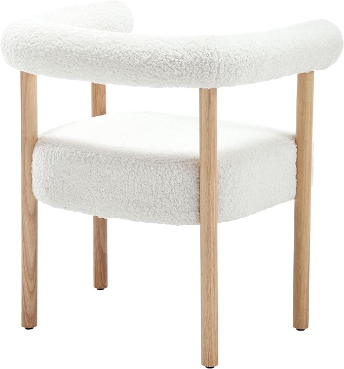 White Boucle Dining Chairs Set of 6, Modern Upholstered Dining Chairs, Curved Backrest Kitchen Dining Room Chairs Accent Chairs Arm Chairs with Natural Wood Legs