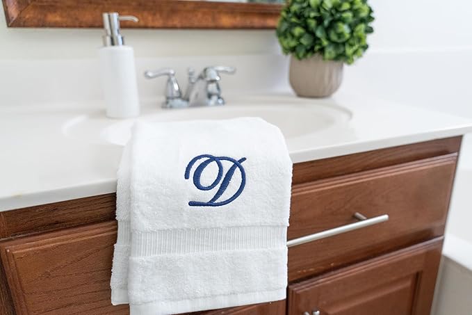 White Monogrammed Hand Towels for Bathroom - Luxury Hotel Quality Personalized Initial Embroidered Towel for Powder Room, Spa - GOTS Organic Certified - Set of 2 Navy Letter D
