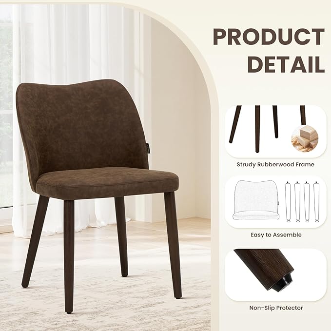 Wooden Dining Chairs Set of 6, Upholstered Kitchen Dining Room Chair, Modern Fabric Farmhouse Dinner Chair for Restaurant & Cafe, Dark Brown