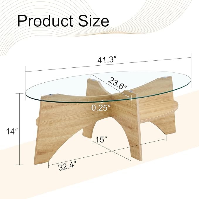 LKTART 41" Oval Glass Coffee Table with Tempered Glass Top and MDF Base, Diagonal Fan-Shaped Tray Design Table Leg Simple & Modern Center Table for Living Room Office Apartment Wood