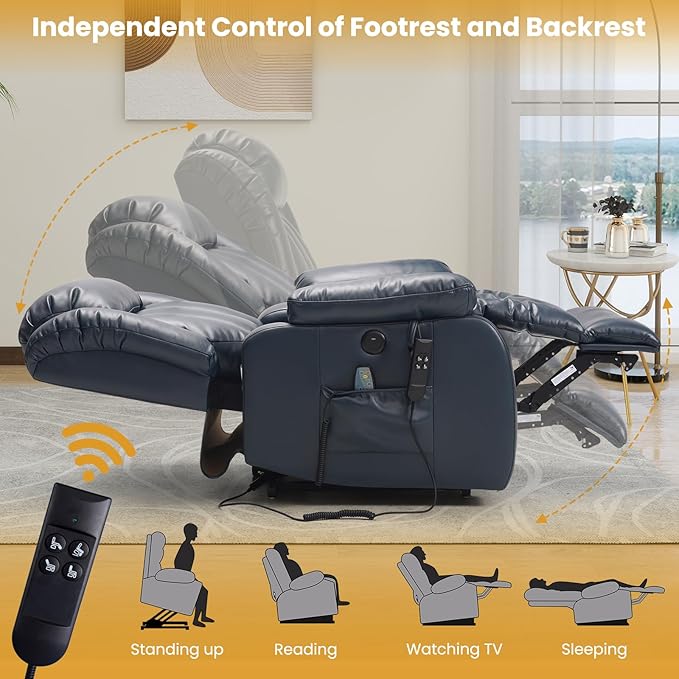 PARKOL Dual Motor Power Lift Recliner Chair for Elderly, 180-Degree Infinite Position Lay Flat Leather Recliner Chairs, with Massage and Heating, USB & Type-C Port and Remote (Dark Blue, Medium)