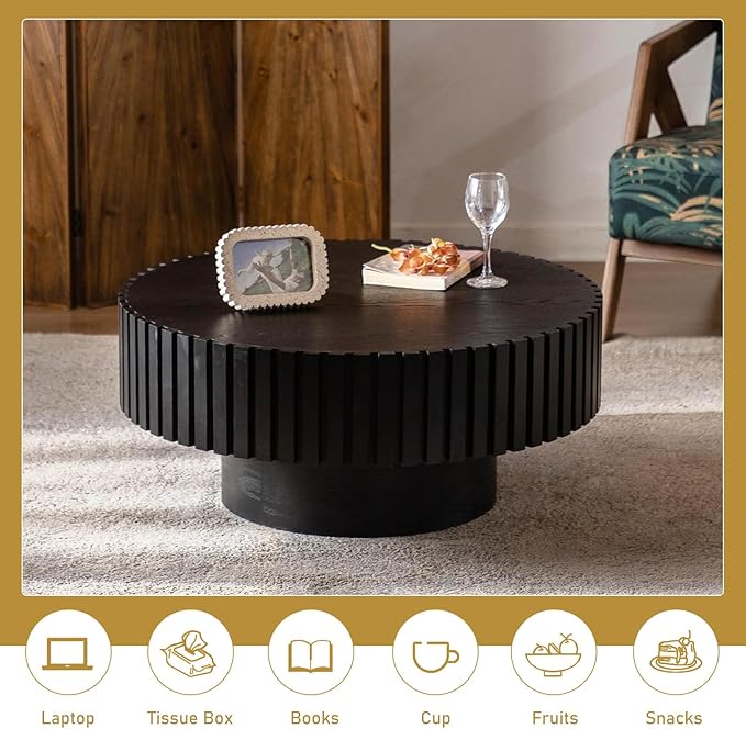 Round Drum Coffee Table 31.5" Wooden Coffee Tables Handcrafted Fluted Drum Coffee Table Modern Luxury Circle Center Table Vintage Farmhouse Center Table for Living Room (Round Black)