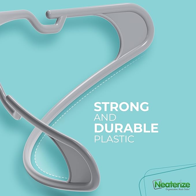 NEATERIZE Clothes Hangers Plastic 100 Pack for Adults - Plastic Hangers, The Perfect Coat Hanger and Space Saving Clothes Hangers for Closet, Percheros Ganchos para Colgar Ropa Hangars - Grey Hangers