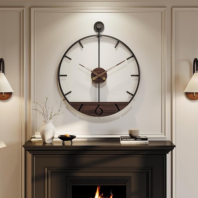 Cuspin Extra Large Wall Clock 36 Inch Modern Black Metal Clock with Walnut Wood Dial, Silent Non-Ticking Oversized Decorative Battery Powered Big Clock for Living Room, Kitchen, Office, Bedroom