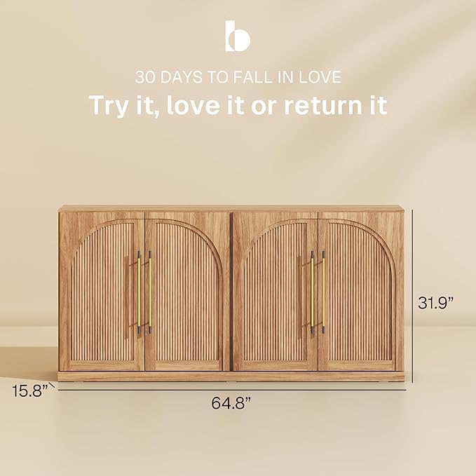 BELLEZE Set of 2 65" Sideboard Cabinet with Double-Arc Wood Doors, Large Buffet Cabinet with Storage and Adjustable Shelves, Classic Modern Console Table for Dining Room Living Room Entryway (Camel)