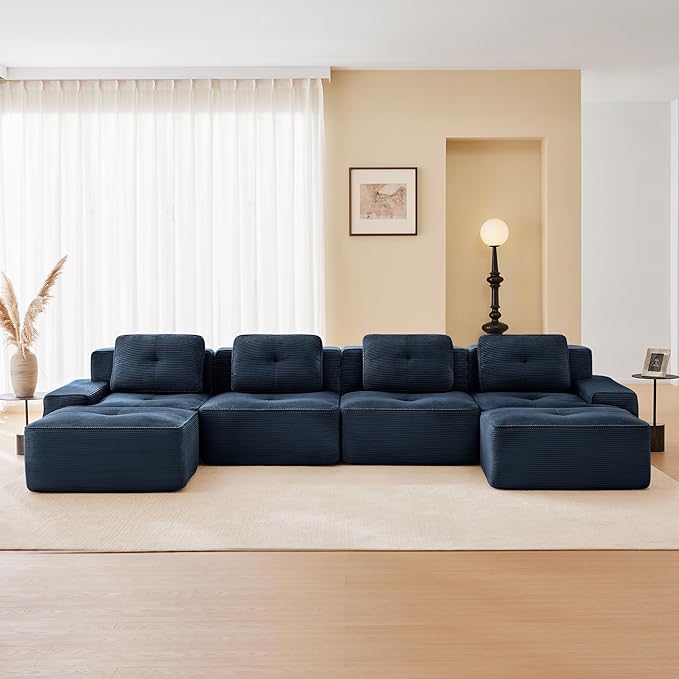 150.4'' Sectional Sofa, 32D Foam Corduroy Boneless Couch with Pillow, Deep Seat Wide Arm Sectional U Shaped Couch for Living Room, Apartment, Bedroom