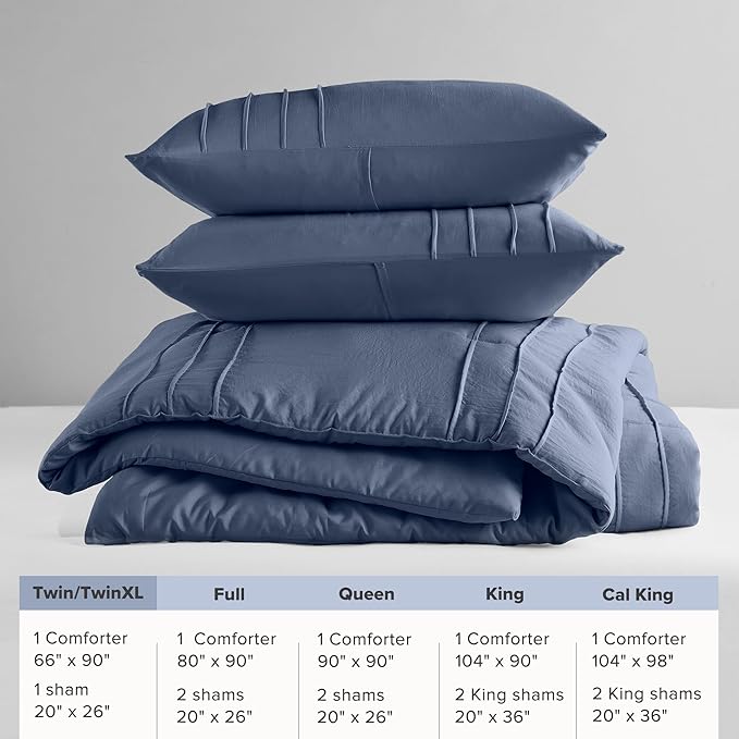 Comfort Spaces Navy Twin Size Comforter Set - 2 Pieces Pintuck Pleated Bedding Sets, All Season Lightweight, Extra Softness Pre-Washed Microfiber Twin Bed Set, Shams, Twin