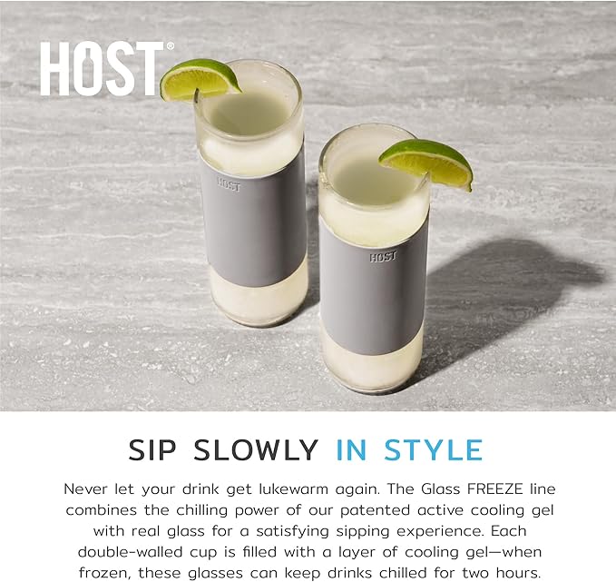 Host Highball Glass FREEZE Drinking Cups Frozen Glasses Set, Insulated Tumblers, Iced Coffee Cup Glass Tumbler 12oz Gray Cocktail Glasses Set of 2