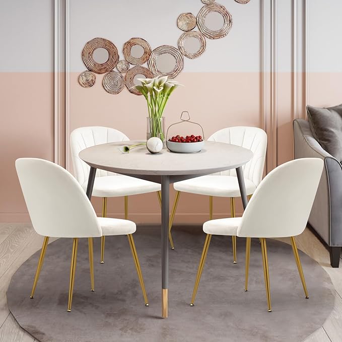Velvet Dining Chairs Set of 6, Mid-Century Modern Upholstered Kitchen Chair with Metal Gold Legs for Living Room, Dining Room, White