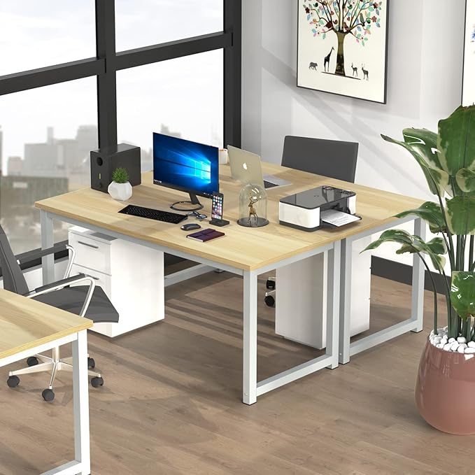 NSdirect 63" Computer Desk,Large Home Office Desk Wide Workstation 1 inch Thicker Tabletop for Writing,Games and Home Work PC Desk Modern Finish Wood Board and Sturdy Steel Legs,Oak+White