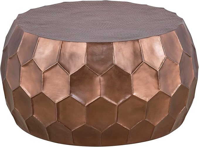 Modern Contemporary Round Aluminum Material 32" Coffee Table and 21" Height End 2PC Table Set with Glossy Diamond-Patterned Base Antique Copper