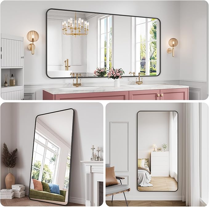 Koonmi Bathroom Mirror, 36X71 Brushed Black Rectangle Wall Mirror, HD Tempered Glass, Anti-Rust Frame Vanity Mirror, Rounded Rectangle Mirror for Restroom, Bedroom, Hangs Horizontal or Vertical