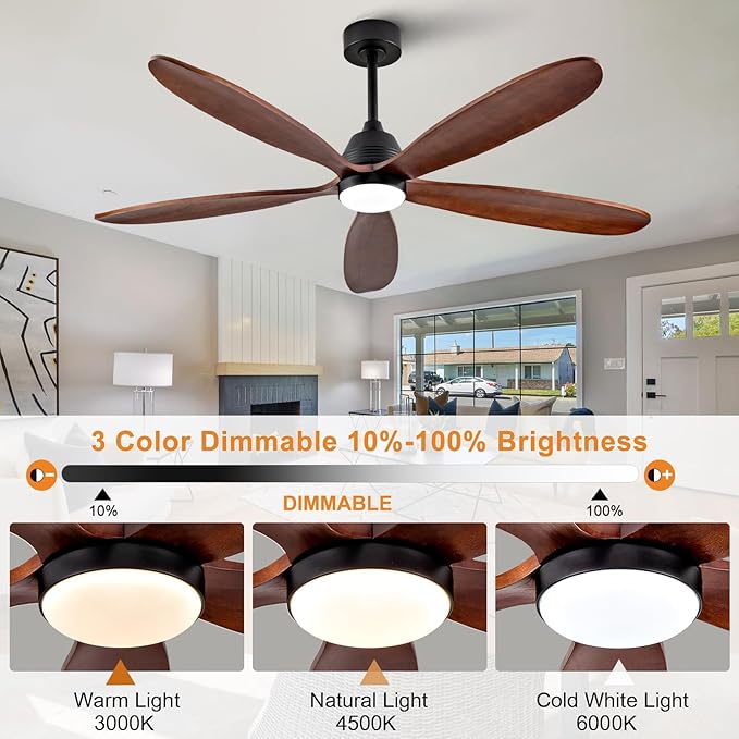 60 Inch Wood Ceiling Fans with Lights and Remote, Modern Outdoor Ceiling Fan with Light for Patio, Dimmable, 5 Blades, Wall Switch, Reversible DC Motor, Memory Function
