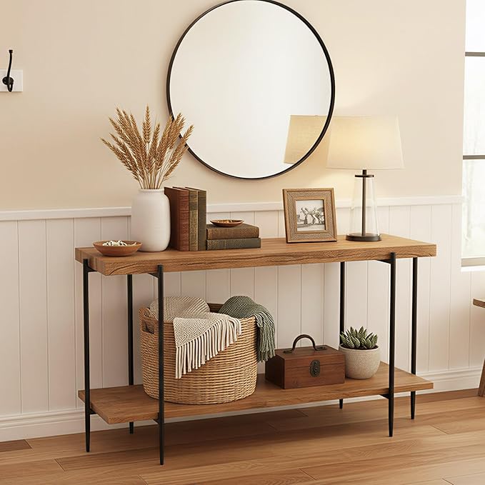 31.5” Console Table Narrow for Entryway with 2 Tier Storage Shelves, Solid Wood Industrial Entrance Sofa Table Behind Couch for Hallway, Foyer, Living Room(35.4"x11.8"x31.5")