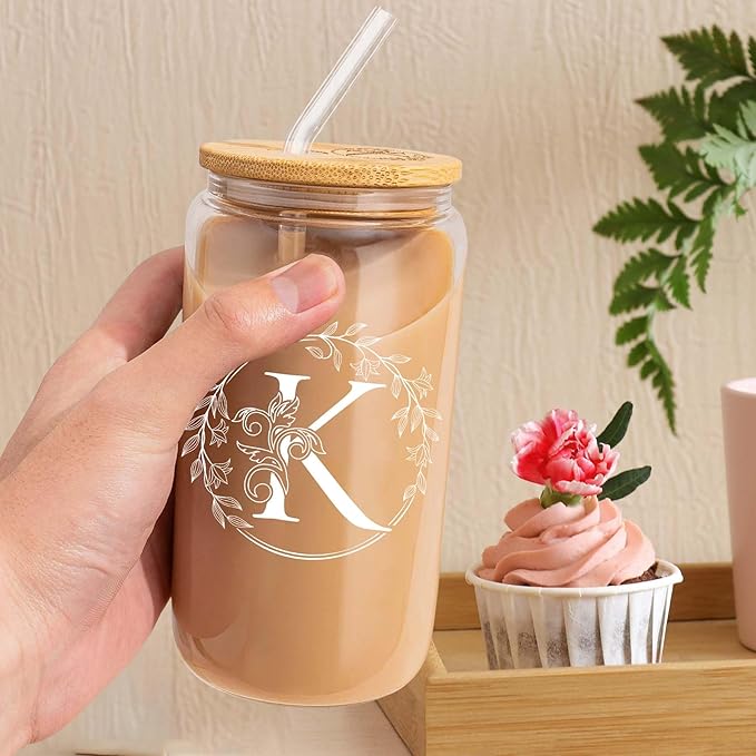 Personalized Birthday Gifts for Women Initial Glass Cup with Engraving Cup Lid Unique Monogrammed Presents Customized Gifts for Women Personalized Presents Presents for Her Mom Friend Birthday