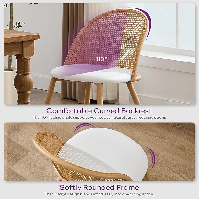 TYBOATLE Rattan Dinner Chairs Set of 2 with Faux Leather Cushion, Modern Dining Room Chairs w/Adjustable Foot Pads, Kitchen Boho Mid Century Upholstered, White