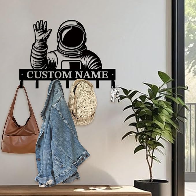 Personalized Custom Astronaut UFO Metal Wall Keys Hooks,Clothes Hooks Astronaut Art coat racks,door holder,Black Astronaut decorations for home,Entrance doors,Hallway, Bedroom,Keys,Hats (Style H)