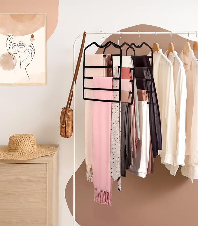 Pants Hangers Space Saving,5 Pack Velvet Short Neck Pants Hangers,5 Tier Space Saving Velvet Hanger,Closet Organizers and Storage Dorm Room Essentials for College Students Girls Guys Holds Pant,Jean