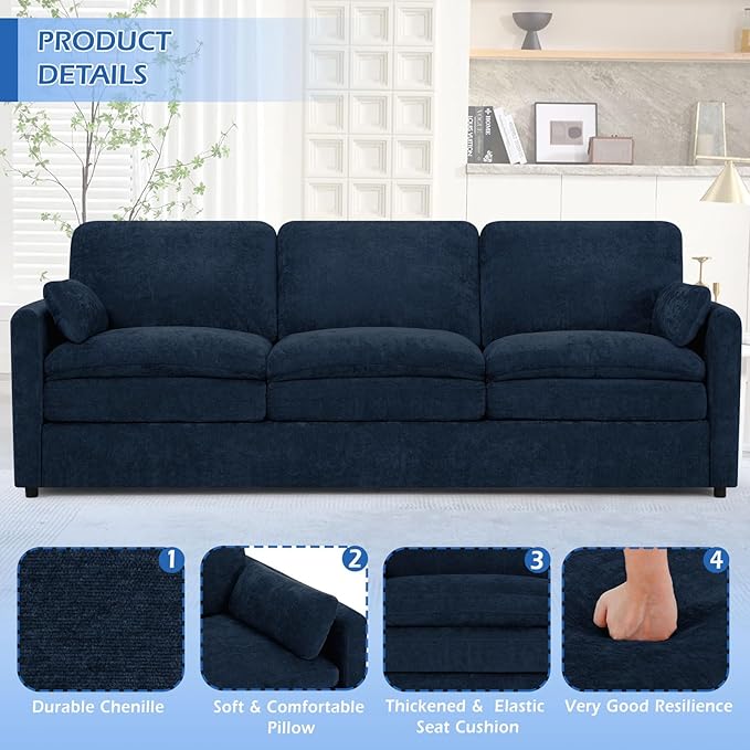 3 Pieces Chenille Sofa Set w/Arm Pillows, Upholstered 2 Pieces Loveseat & 3 Seater Sofa w/Comfortable Back Cushions, Modern 2-Seat & 3-Seat w/High-Density Foam for Living Room, Blue