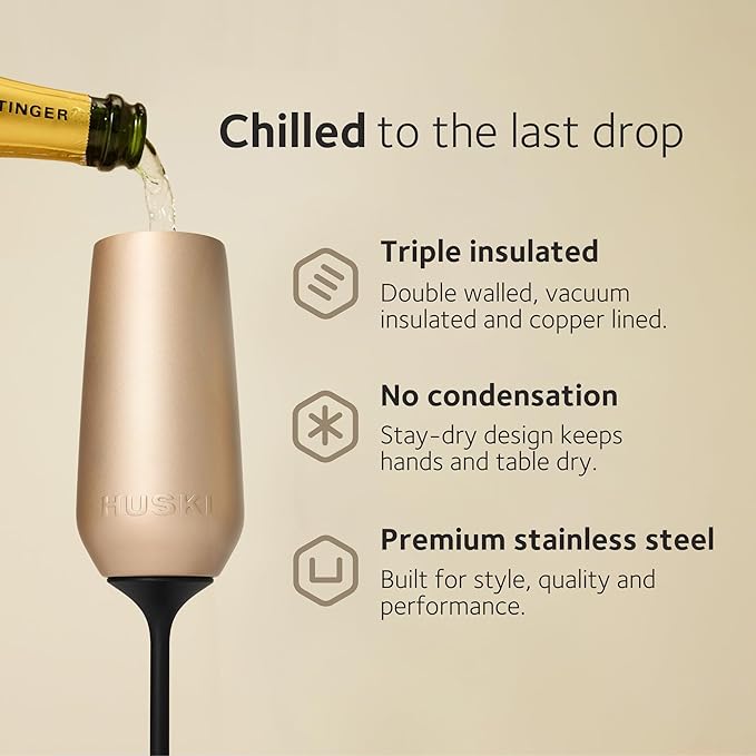 Huski Champagne Flute | NEW | Award-winning Design with Detachable Stem | Premium Stainless Steel Champagne Glass with Lid | Triple Insulated Tumbler | 8oz Capacity | Great Gift (White)