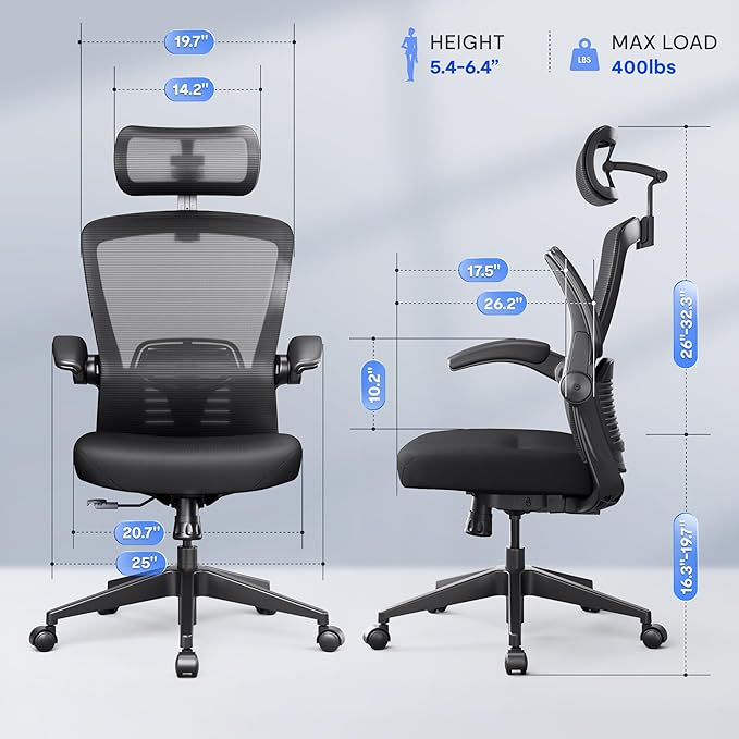 FLEXISPOT OC3 Pro Ergonomic Office Chair High Back Computer Chair with Flexible Flip-up Armrest/8-Level Lumbar Support, High Elastic Foam Seat Cushion, Chairs for Home Office Working Studying, Black