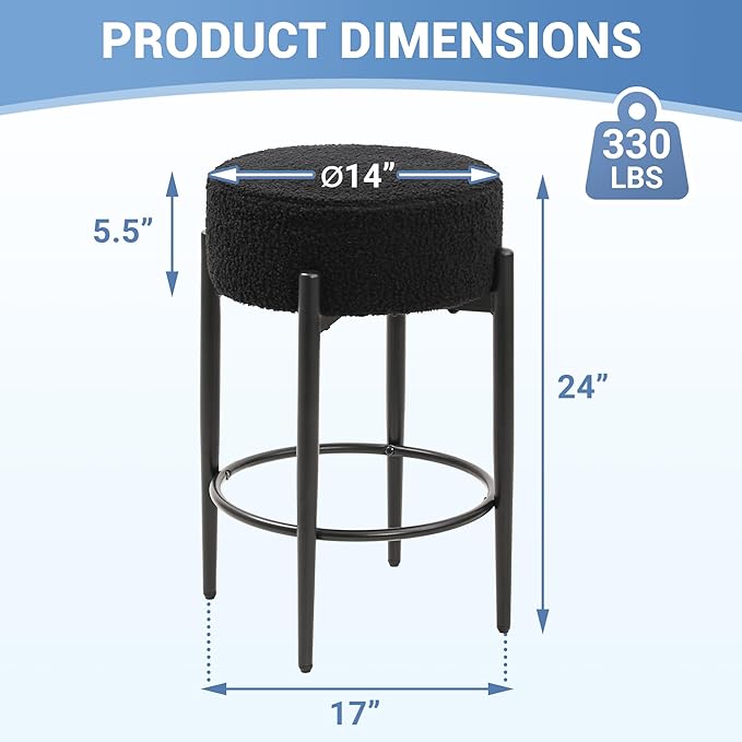 Counter Height Bar Stools, Set of 2, 24" Modern Backless Bar Stools, Ideal for Kitchen Counter, Kitchen Island, Boucle Sherpa Padded Cover, with Round Soft Seat and Foot Rest, Black