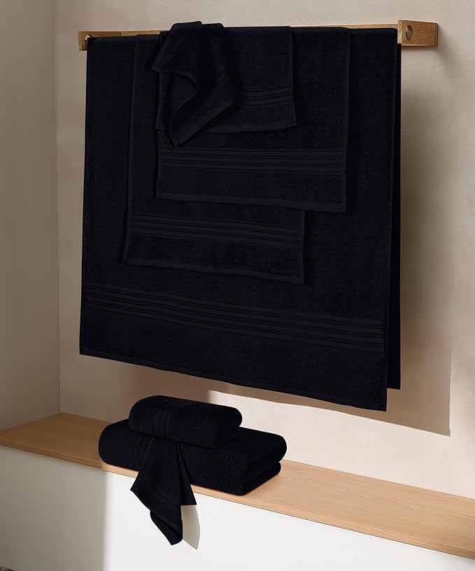 BOUTIQUO 100% Cotton Towel Set, Contains 4 Soft Bath Towel, 6 Hand Towels, 8 Wash Cloths - Compact Absorbent Lightweight & Quickdry Towels for Bathroom - 18 Piece Bathroom Towel Set - Black
