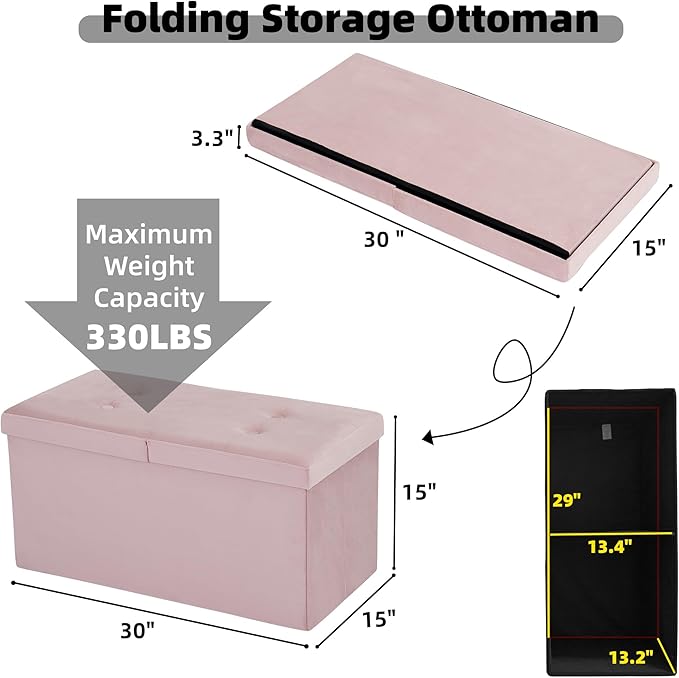 CAROLMADE 30 Inches Storage Ottoman Bench with Flipping Lid, Velvet Foldable Storage Footrest, Ottoman with Storage for Living Room Holds up to 330lbs, Pink