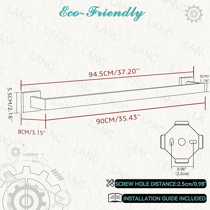 LANC 36-Inche Long Towel Bars for Bathroom Wall Mounted, Matte Black Bath Towel Racks Stainless Steel Total-37.5” Towel Rails for Kitchen Square Towel Holder Rods Hanger, A8804MB-9P1