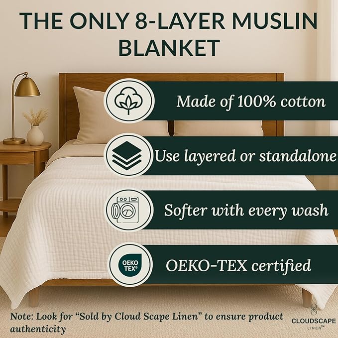 Cloud Scape Linen 100% Cotton 8 Layer Twin Size Muslin Blanket - Breatheable and Soft Winter Blanket for Bed, Couch and Sofa, Oversized Fits up to Twin XL, Best Gift Idea, 68x92, White