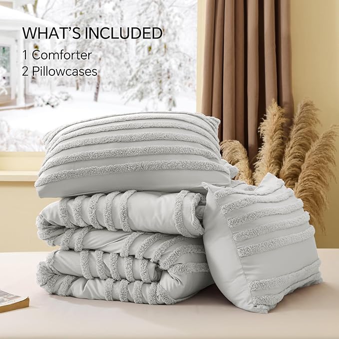 BEDELITE Boho King Size Comforter Set - Light Grey Tufted Striped Bed Set 3 Pieces, Soft Vintage Farmhouse Comforter for All Seasons, Boho Home Decor,Fluffy Jacquard Bedding with Pillow Sham