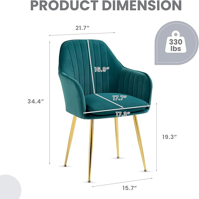 ECOTOUGE Matte Velvet Dining Chairs Set of 6, Modern Arm Chair with Golden Metal Legs, Living Room Accent Chairs for Kitchen, Emerald Green
