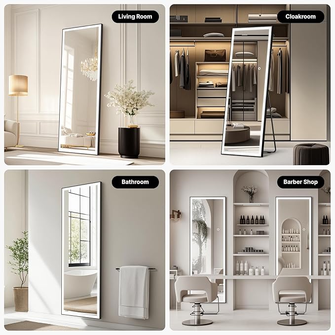 Kosmonia 71x28 Full Length Mirror, Dimmable 3 Color LED Light w/Light Memory, Distortion Free Silver Coating Mirror, HD Reflection &Anti Desilvering,Tempered Glass &Shatter Proof Film Doubles Safety