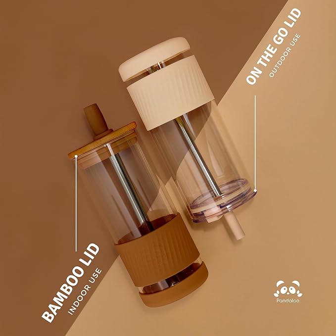Pandaloo® Glass Cups With Lids and Straws -20 Fl Oz- Perfect Size Iced Coffee Cup - Smoothie Cup With Bamboo Lid and On the go Lid (Peach Fuzz, 1 Count (Pack of 1)
